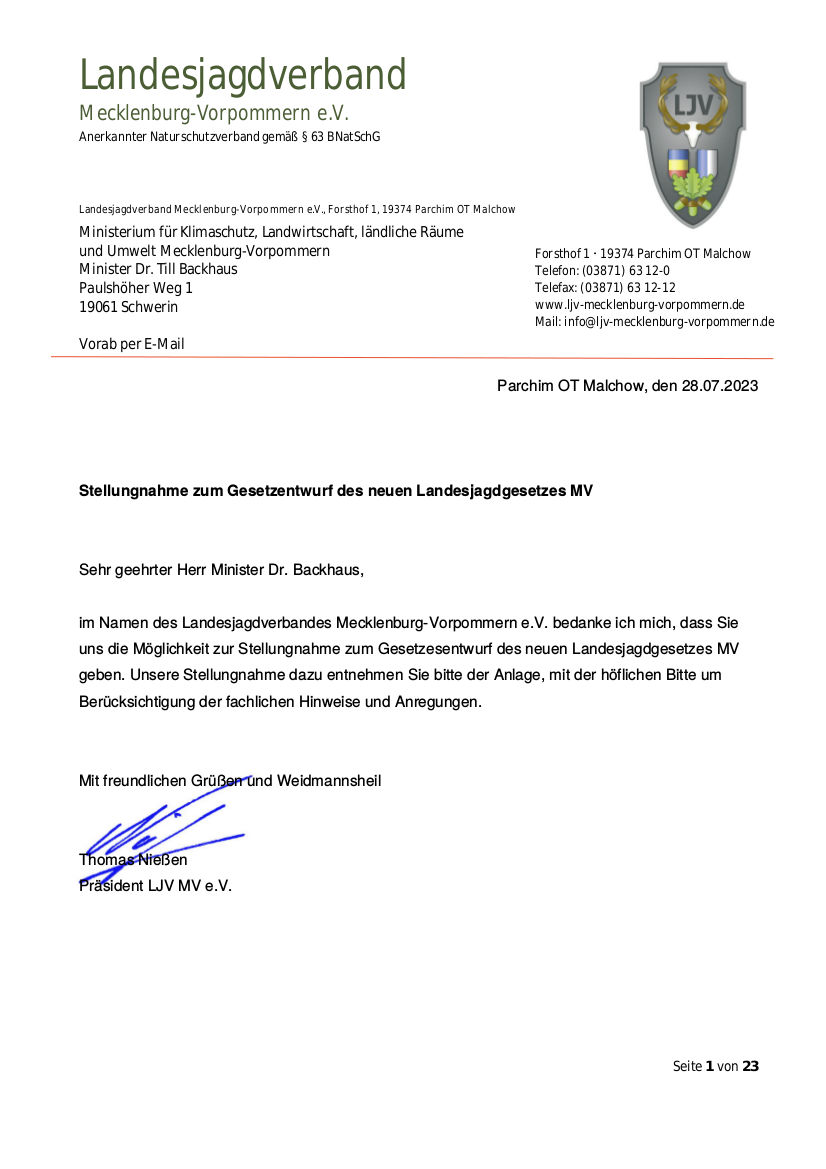 Stellungnahme LJV MV zur Aenderung Landesjagdgesetz